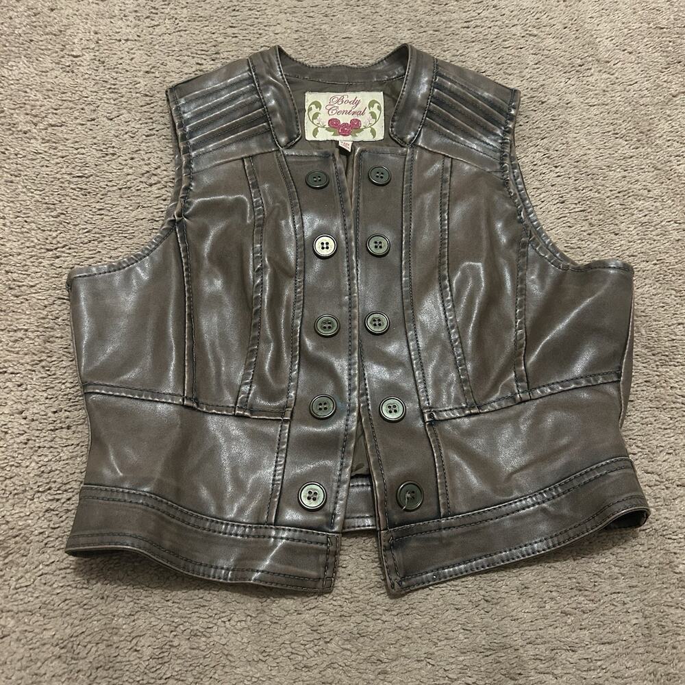 Y2K Body Central Faux Leather Vest Juniors Size XL Moto Festival Brown